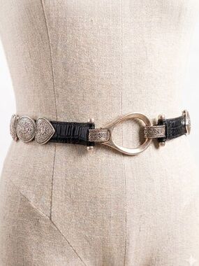 Coldwater Creek Western Boho Belt Black Croc Leather Silver Heart Medallion